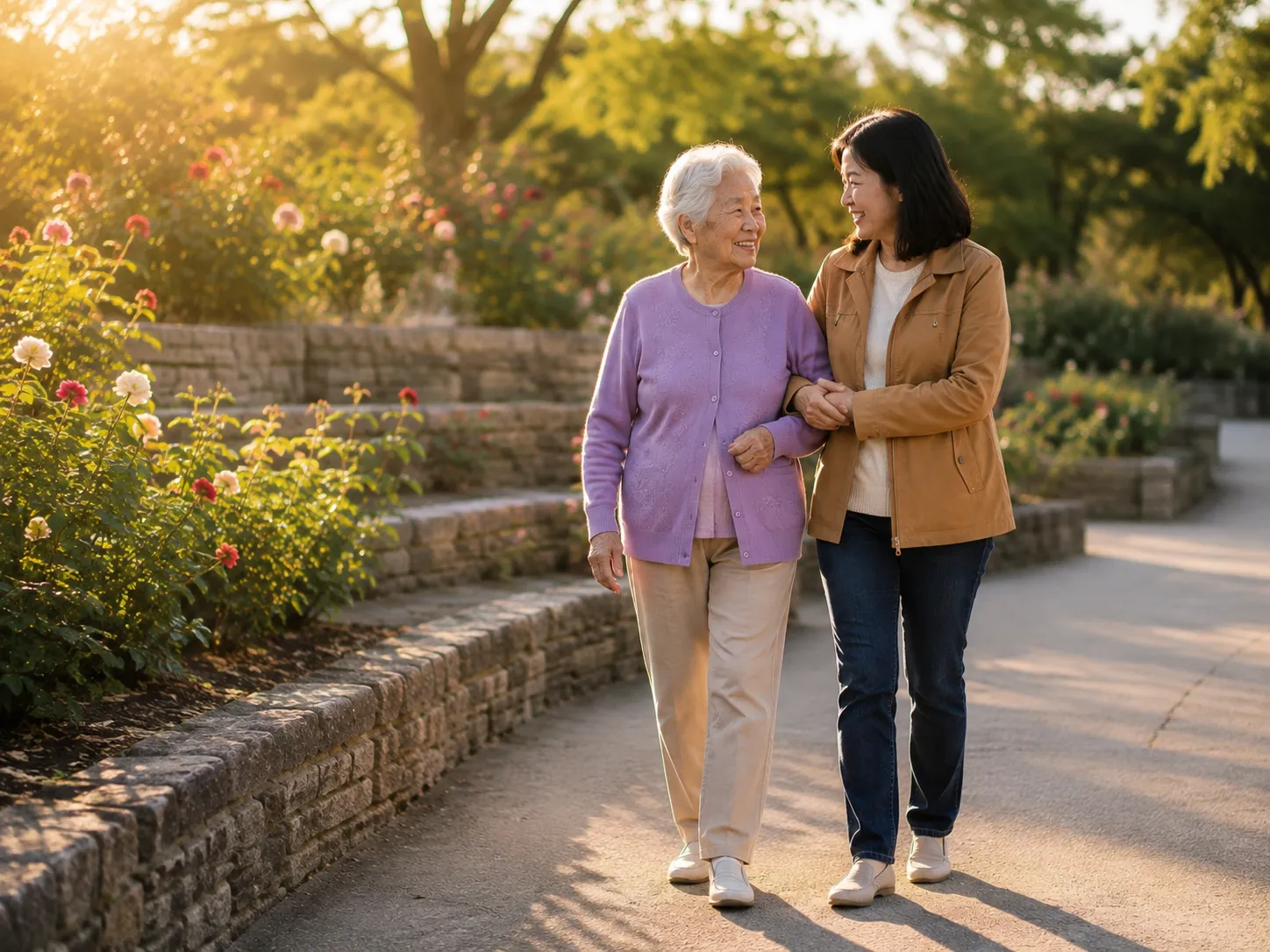 Adult daughter walking arm in arm with her mother in a rose garden, a simple way to help a lonely senior